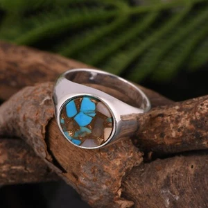 Copper Turquoise Signet Ring For Men's Solid 925 Sterling Silver Jewelry Gift - Picture 1 of 10
