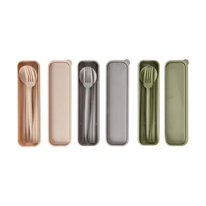 3pcs/set Cutlery Set Wheat Straw Reusable Spoon Fork Knife Travel Case Portable - Picture 1 of 9