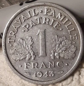 ☆ ☆ 1943 WW2 French 1 Franc Coin, Circulated WWII Coin Of Franc ~~ ( 1 Coin ) ☆☆ - Picture 1 of 13