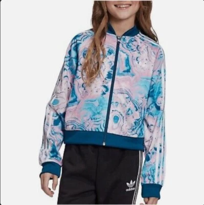 Adidas 3 Rayas Niñas Mármol Rosa Azul Superstar Cremallera Completa Chaqueta de Pista Recortada Foto 1 de 4