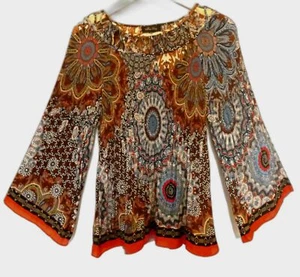 Melissa Paige Tunic Top Medium Fiesta Print Crinkle Colorful Cutout Flowy - Picture 1 of 8