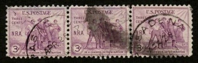 US 1933 #732 NRA National Recovery Act Group of Workers 3c Violet Strip/3 Used - Image 1 of 2