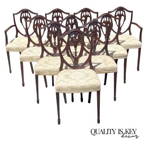 Vtg Mahogany Shield Back Hepplewhite Style Duncan Phyfe Dining Chairs Set of 10 Cover