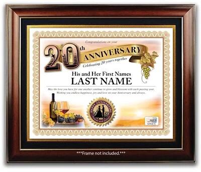 CERTIFICADO ANIVERSARIO BODA PERSONALIZADO 20 Años 20 Botella de Vino Tema REGALO Foto 1 de 2