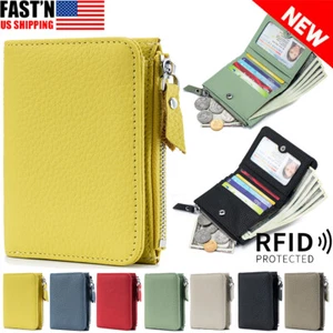 Women Genuine Leather Wallet RFID Small Compact Credit Card Holder Zipper Purse - Picture 1 of 18