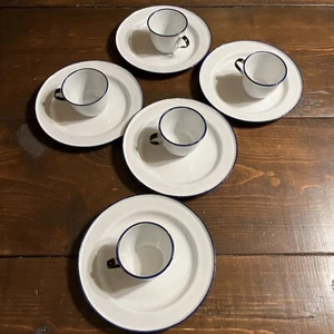 10 Piece KER Sweden Vintage White & Blue Enamelware Plates Cups Camping MCM - Picture 1 of 16