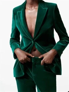 Women's Velvet Green Suit Single-breasted Peak collar jacket Fashionable style - Picture 1 of 10