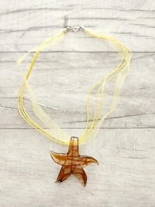 Starfish necklace, Brown Glass Star Fish Pendant, Yellow Cord Organza Chain - Picture 1 of 9