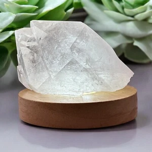 Large Clear Quartz Double Point Crystal with Lighted Wood Base From Brazil - Picture 1 of 22