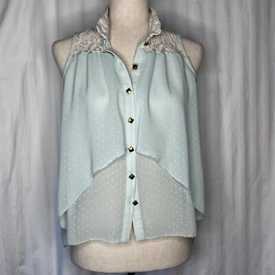 Blusa HEART SOUL Transparente Verão Top Leve Verde Dourado Pontos Detalhe de Renda Pequena - Imagem 1 de 4