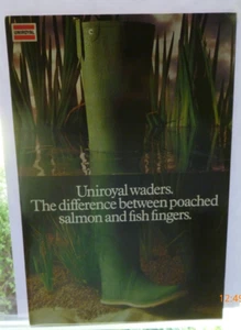 UNIROYAL WADERS POACHED SALMON/FISH FINGERS VINTAGE CARD DISPLAY SIGN/STAND RARE - Picture 1 of 6