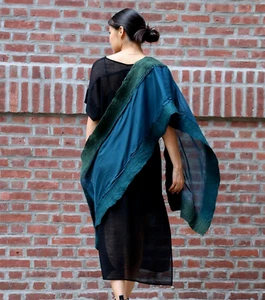 Artist Handmade Silk Merino Wool "Forest Green/Dark Blue 15"W x 83"L - Picture 1 of 6