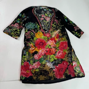 Antica Sartoria Tunic Dress Womens Small Deep V Neck Beaded Floral Long Sleeve - Picture 1 of 10