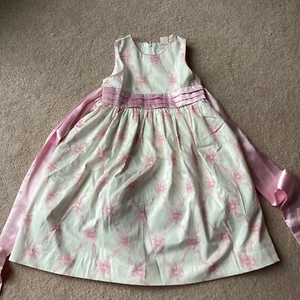 HARTSTRINGS 6X SLEEVELESS PARTY DRESS, PINK BOWS ON CREAM , SASH, ZIP, LINED - Picture 1 of 5