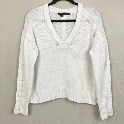 360 Sweater Women's Small White V-Neck Cotton Knit Sweater Button Sleeve Jumper - Image 1 of 4