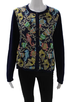 J. Mclaughlin Womens Fish Print Cardigan Sweater Navy Blue Cotton Size Large - Image 1 of 4