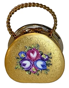 LIMOGES PEINT MAIN Trinket Box ROSE Floral GOLD INCRUSTATION PURSE / HANDBAG - Picture 1 of 10