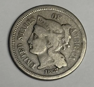 VG 1867 Three Cent Nickel, All Original U.S. 3c Type Coin - Picture 1 of 2