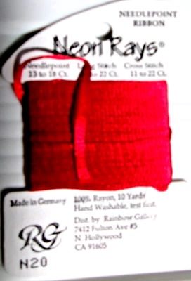 Rainbow Gallery ~ Neon Rays ~ Needlepoint 100% Rayon Ribbon N20 Red - Image 1 of 2
