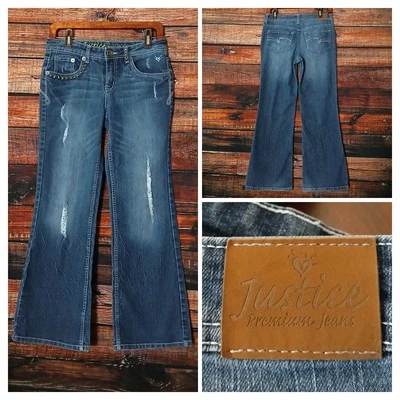 Jeans Justice Niñas Talla 12.5 Tiro Bajo Corte Bota Acampanado Tachonado Denim Envejecido  Foto 1 de 4