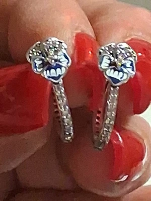 PANDORA ПОДЛИННЫЙ СОВЕРШЕННО НОВЫЙ ИЗ ЧИСТОГО СЕРЕБРА PAVE СИНИЙ АНЮТИНЫ ГЛАЗКИ ЦВЕТОК СЕРЬГИ-КОЛЬЦА - Изображение 1 из 4