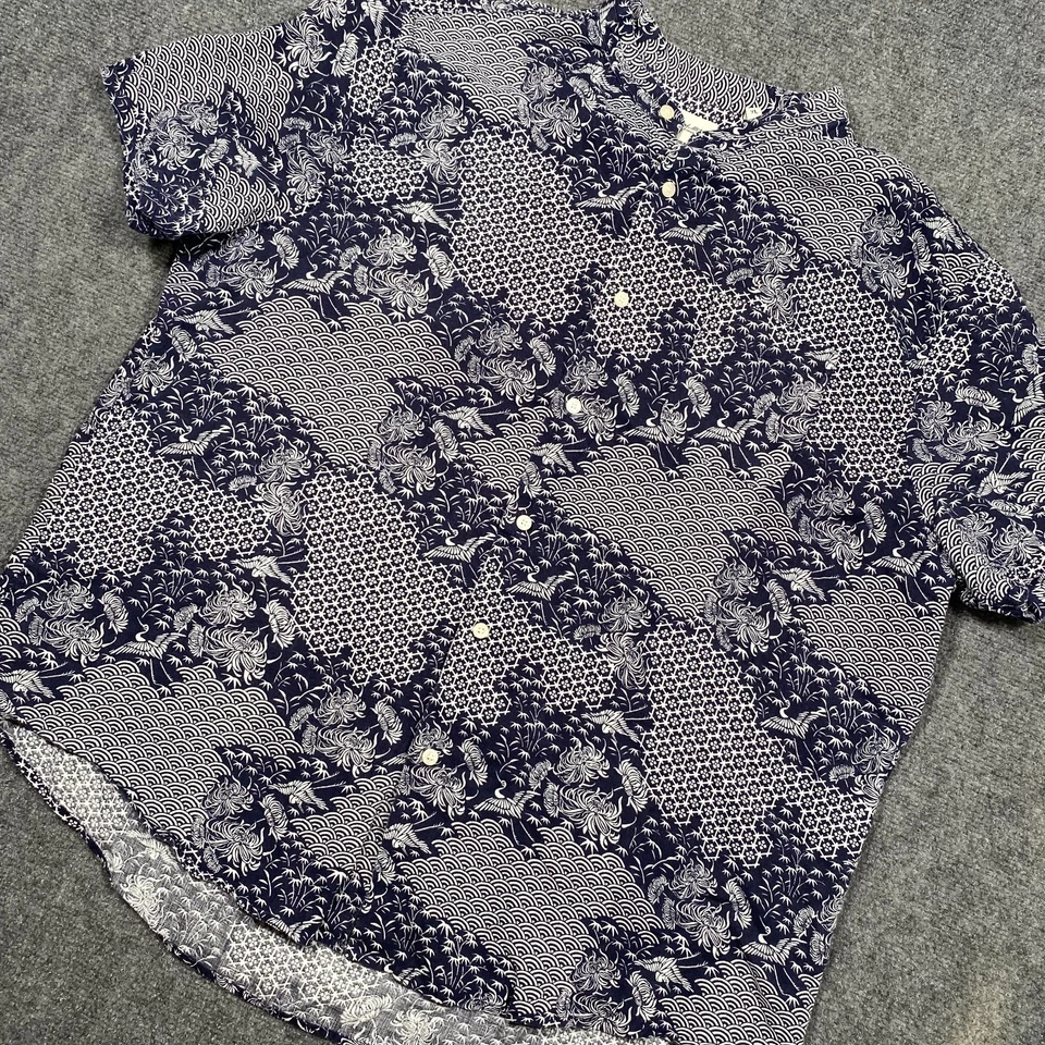 Baird McNutt Linen Shirt Mens XL Navy Mandarin Collar Short Sleeve Button Up - Image 1 of 4