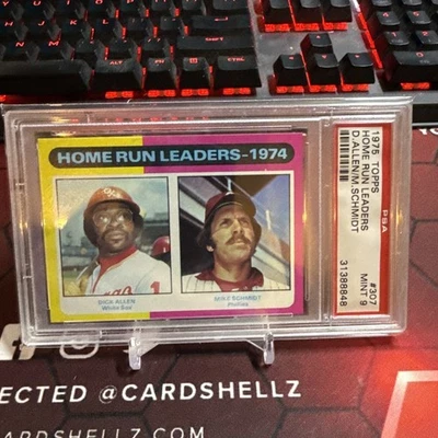 Topps #307 Home Run Leaders 1975 con Dick Allen y Mike Schmidt PSA 9 Foto 1 de 2