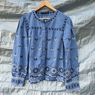 ZARA WOMAN Blue Embroidered Boho Blouse UK L Folk Floral Long Sleeve Top New — 第 1/4 张图片