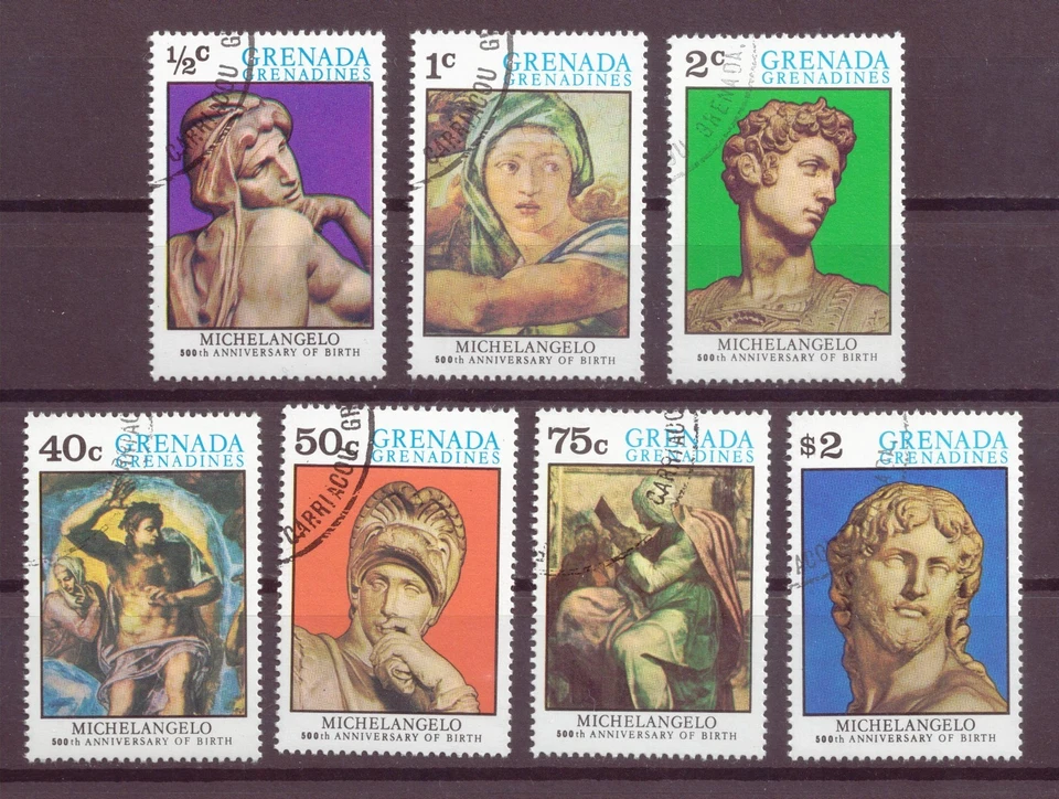 Grenada Grenadines, Set of 7,  500th Anniv Birth of Michelangelo, CTO, MNH, 1975 - Image 1 of 1