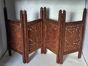 Vintage Hand-Carved Wood Folding Miniature Room Divider with Bird Motif Panels - Picture 1 of 13