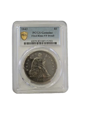 Dólar de plata libertad sentada 1843 certificado por PCGS, detalle en estado bastante bueno, llantas archivadas Foto 1 de 2