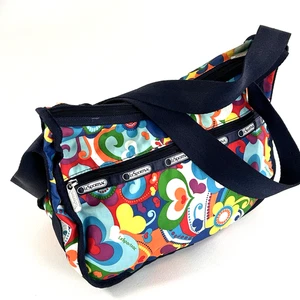 LeSportsac Classic Hobo Navy Blue Multi-Color Heart Print Crossbody Purse Bag - Picture 1 of 11