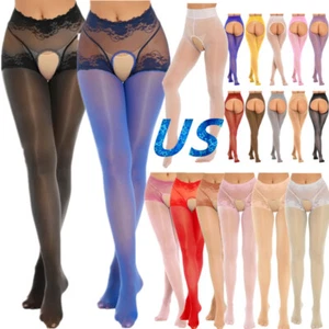 Women's Glossy Crotchless Tights Pantyhose Sheer High Rise Stockings Lingerie - Picture 1 of 171