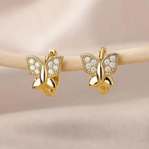 Round Cut Simulated Diamond Butterfly Hoop Earrings In 14k Yellow Gold Plated - Picture 1 of 5