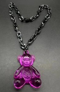 Acrylic Cable Link Chain Fuchsia Pink Bear Pendant Necklace 18” Long Black - Picture 1 of 10