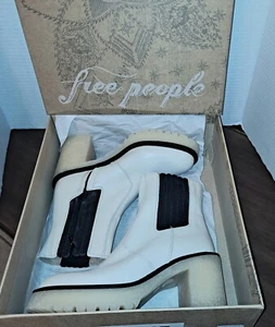 Free People White Leather Block Chunky Heel Boots Size 7/37 NIB - Picture 1 of 9