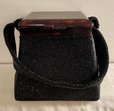 Cartera de Colección Años 40 con Tapa de Caparazón de Tortuga Lucite y Cuentas de Carnaval Negras ¡BONITA! Foto 1 de 4