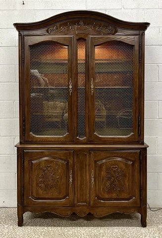 High-End, Medium Sized French Country Oak China Cabinet By Davis; Walnut Stain Cover