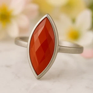 925 Anillo Plata de Ley Natural Cornalina Corte Marquesa Bisel Mujeres Sizeall - Imagen 1 de 12