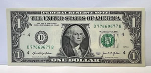 1 Dollar Schein Fancy Serial Note One Dollar D 77669677 B Stempelglanz UNC - Bild 1 von 5
