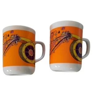 Vintage Japanische Keramik Kaffeebecher Set - Lebendiges Orange & Blumenmuster - Bild 1 von 8