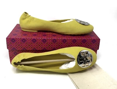 Tory Burch Claire Ballet Pisos Cártamo Amarillo Plata Logo Talla 9 Nuevo en Caja Foto 1 de 4