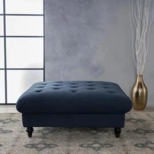 New Dark Blue Square Ottoman Footstool, Elegant Upholstered Living Room Decor - Picture 1 of 10