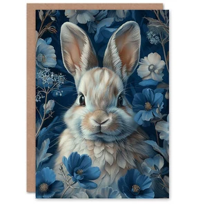 Birthday Card Cute Rabbit Bunny Blue Flower Pattern Greeting Card - Picture 1 of 6