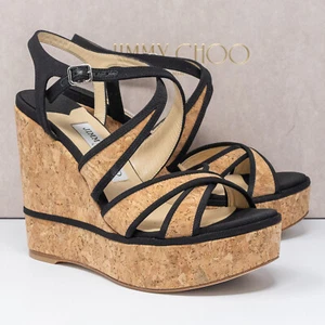 Jimmy Choo Alissa 120, Size 36.5 (6.5 US) Natural/Black Platform Wedge Heels - Picture 1 of 8