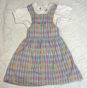 RARE VTG Pinafore Oshkosh B'Gosh Dress/Shirt Sz 5-6 Pastel Seersucker Butterfly - Picture 1 of 11