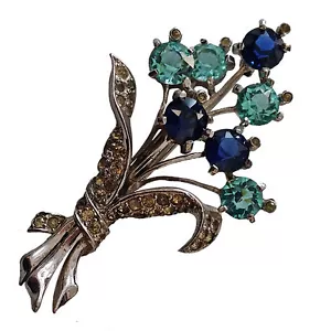 Vintage Brosche/Anstecknadel blau Strass Blumenstrauß - Bild 1 von 6