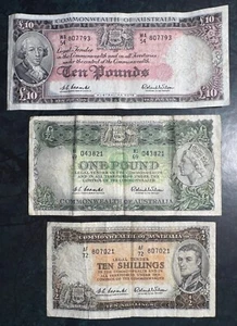 AUSTRALIAN 10 POUNDS, ONE POUND AND 10 SHILLING NOTES COLLECTABLE CONDITION WA54 - Picture 1 of 2