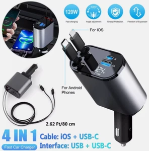 4 in 1 Retractable Car Charger Fast Car Phone Charger 120W With USB Type C Cable - Picture 1 of 9