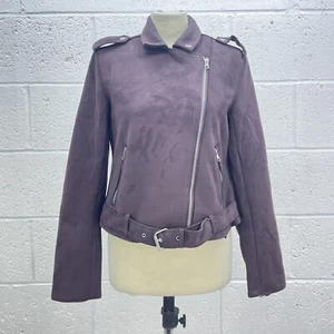 NEXT MAROON SUEDE BIKER JACKET PURPLE ASYMMETRIC ZIP BELTED Y2K UK 12 - Picture 1 of 6